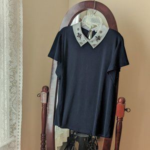 Office Dressy Navy Collared Korean Style Blouse - XS